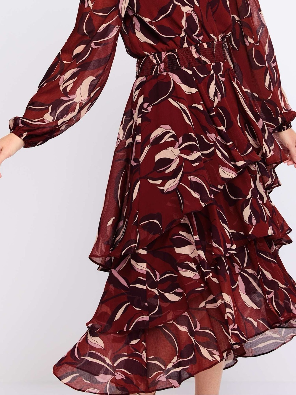 Steve Madden Bei Floral Long Sleeve Tiered High-Low Autumn Wedding Guest Dress - Picture 4 of 8